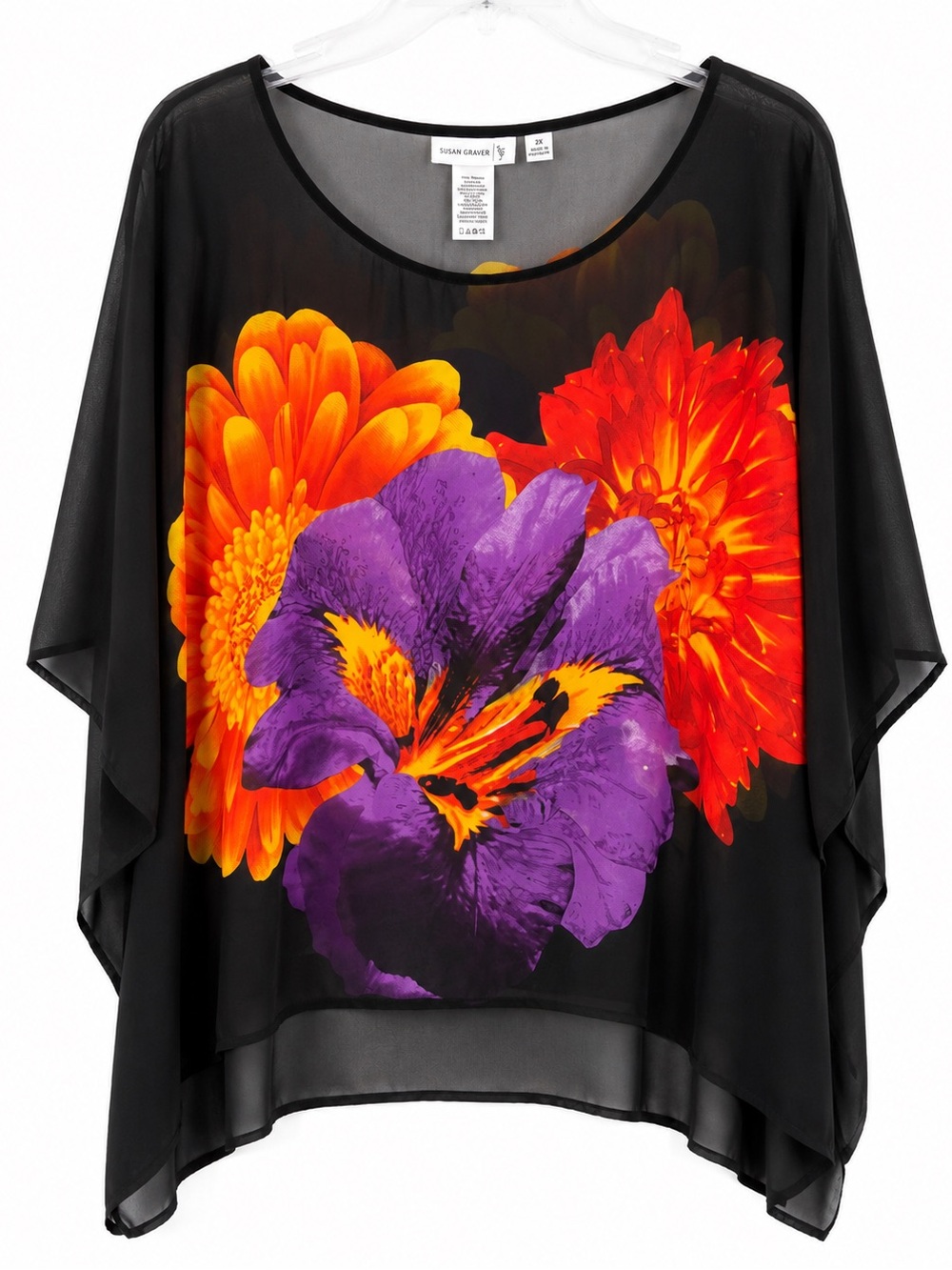 Susan Graver Printed Sheer Chiffon Scarf Top Black Floral Size 2X Cruise Resort